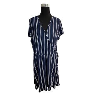 Derek Heart Blue and White Stripe A Line Short Sleeve V Neck Faux Wrap Dress 2X